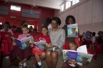 Author of "Efa and the Mosquito", Alscess Lewis-Brown with new fans. Juanita Gardine Elementary School, St. Croix