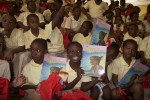Students from the E. Benjamin Oliver Elementary School on St. Thomas,with their gift bags and "Efa and the Mosquito"